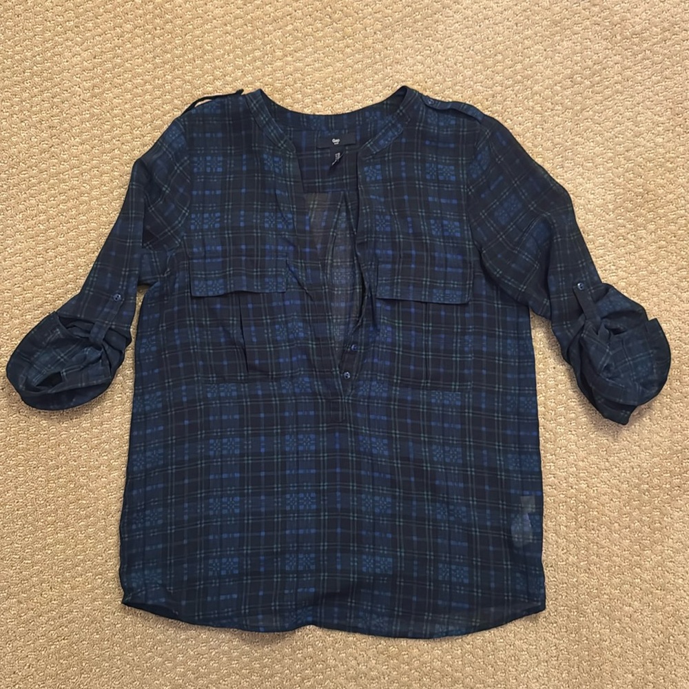 Gap Blue & Green Sheer Plaid Blouse